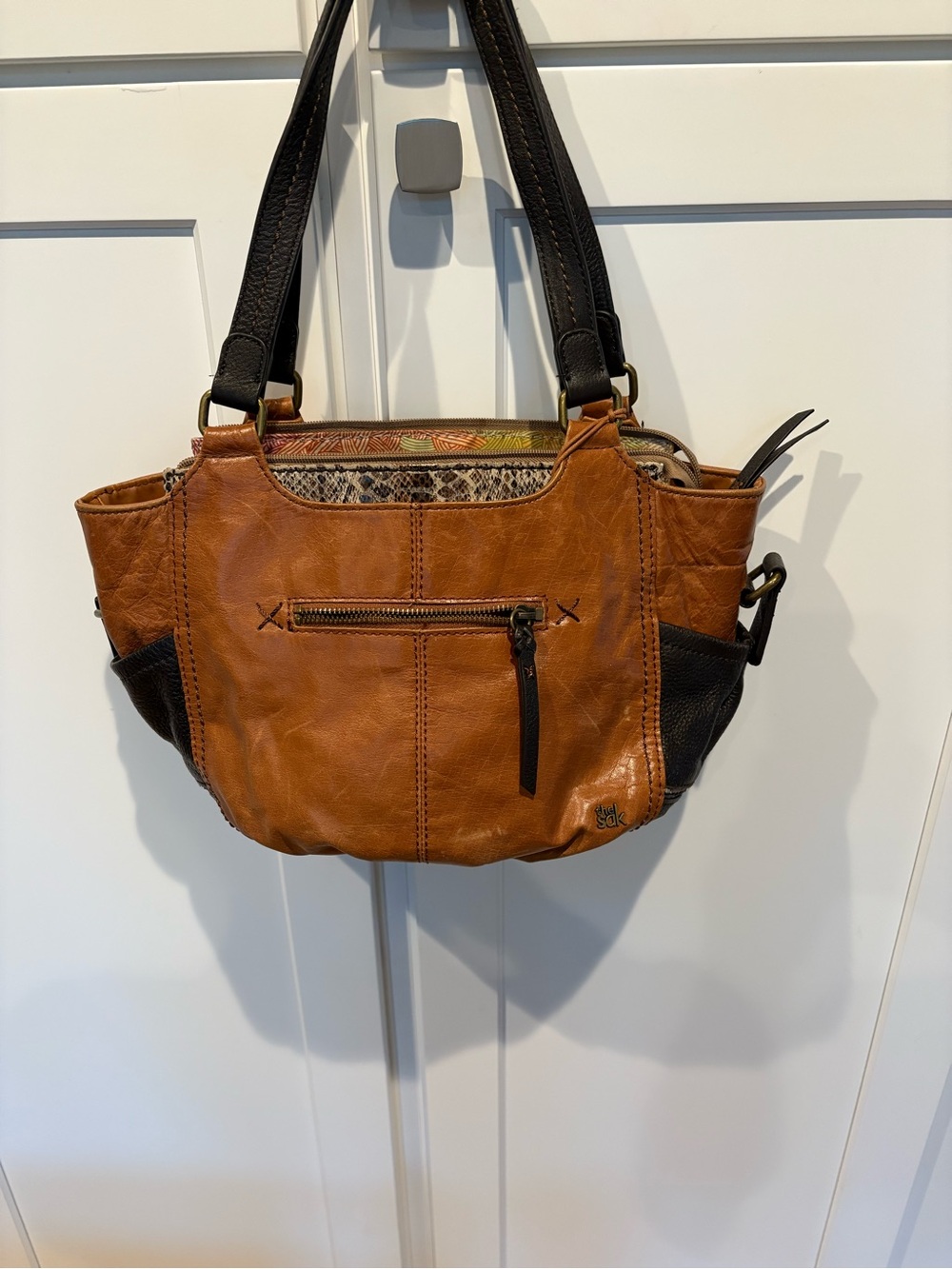 The Sak Genuine Leather Two-Tone Tote Bag in Cognac and Black
